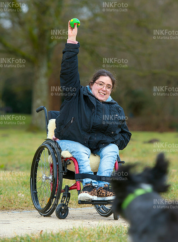 Junge Frau im Rollstuhl mit Hunden im Park.