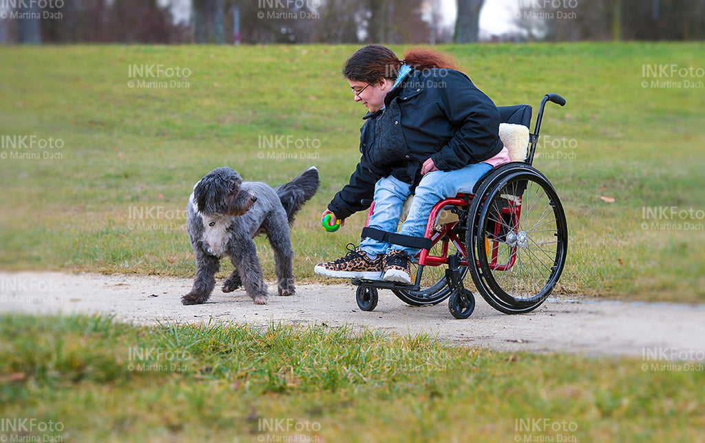 Junge Frau im Rollstuhl mit Hund im Park.