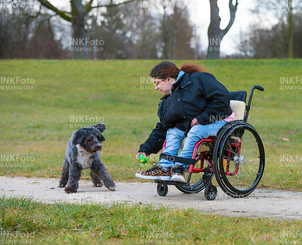 Junge Frau im Rollstuhl mit Hund im Park.