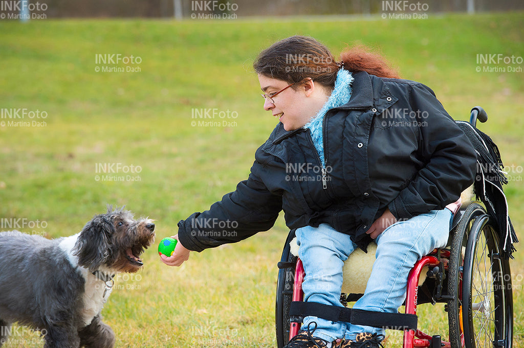 Junge Frau im Rollstuhl mit Hund im Park.