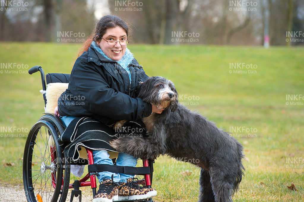 Junge Frau im Rollstuhl mit Hund im Park.
